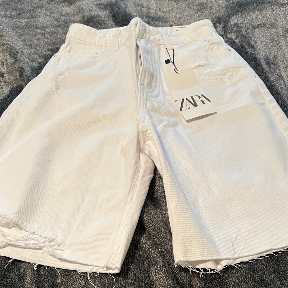 Zara Raw Hem Cream Denim Bermuda Shorts